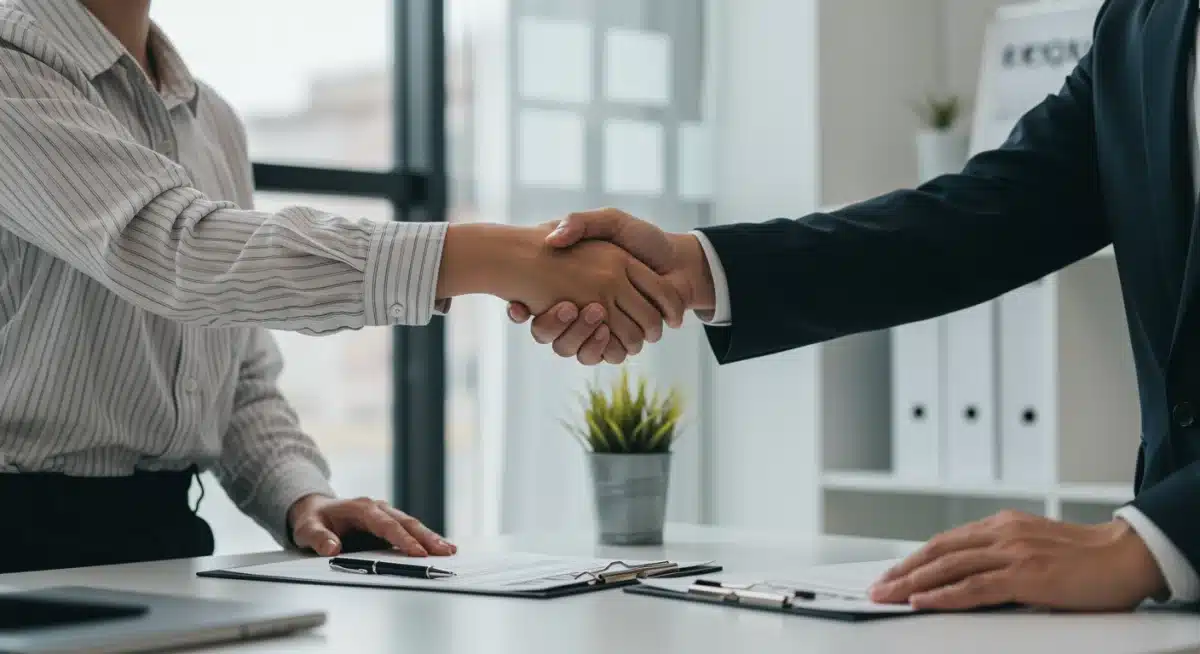 Reclutador y nuevo empleado dándose la mano tras una exitosa contratación.