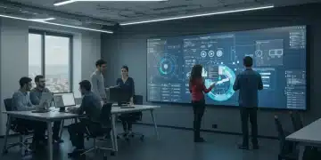 Low-Code/No-Code España: Acelera el desarrollo un 50% Profesionales colaborando en una interfaz de desarrollo low-code/no-code en un entorno de oficina moderno en España.