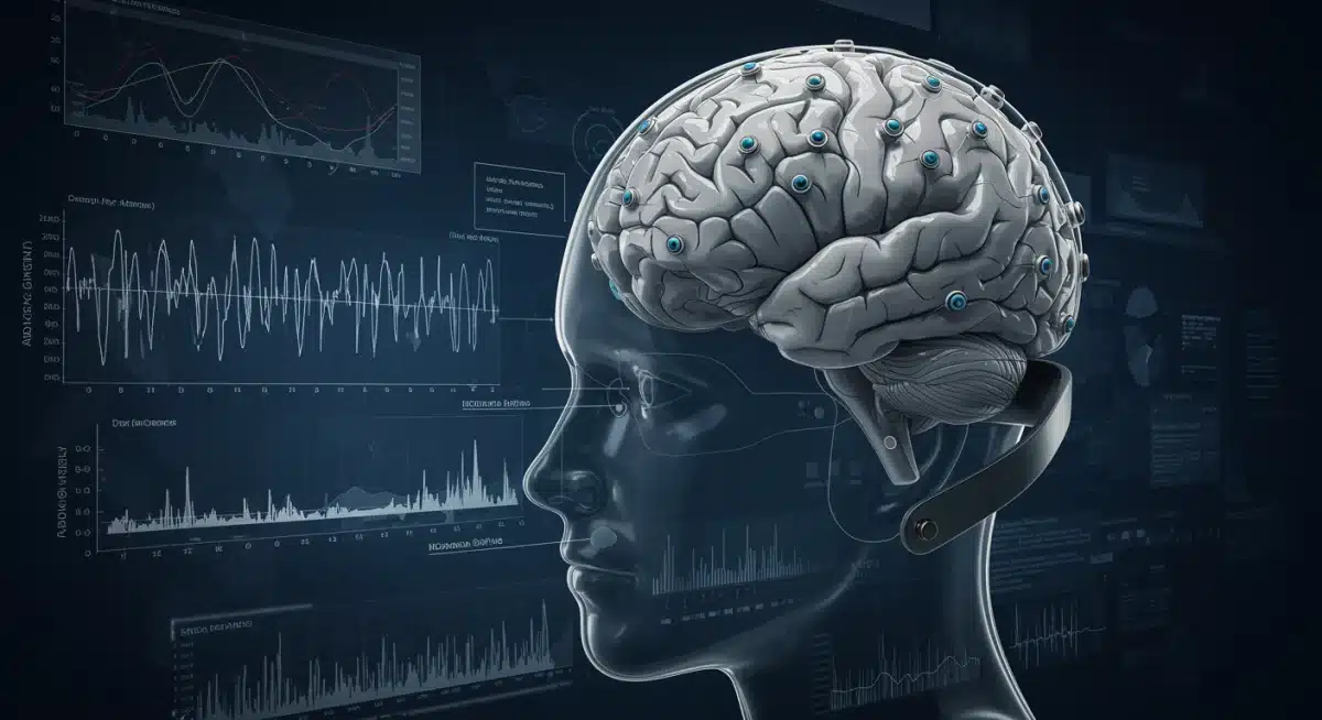 Ilustración detallada de un dispositivo de interfaz cerebro-ordenador (BCI) mostrando su interacción con señales cerebrales y dispositivos externos.