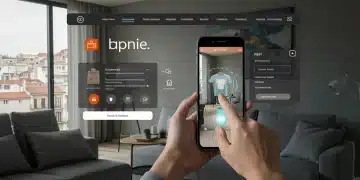 Interfaz futurista de eCommerce con Realidad Aumentada en España, mostrando a un usuario interactuando con un producto virtual en su hogar.