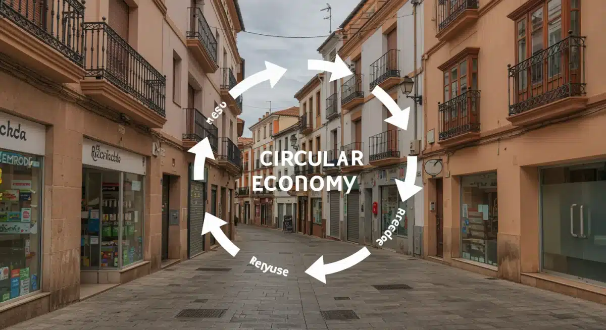 Diagrama de economía circular aplicado a negocios locales en España, mostrando los beneficios de la sostenibilidad.