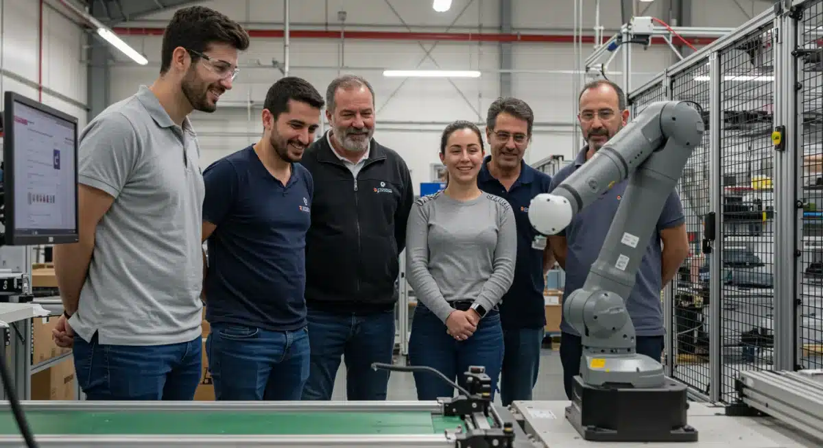 Empleados de una PYME española observando y colaborando con un robot cobot en una línea de producción, mostrando la integración exitosa de la tecnología.