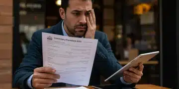 Empresario español revisando documentos de licencias y permisos para su negocio local en 2025.