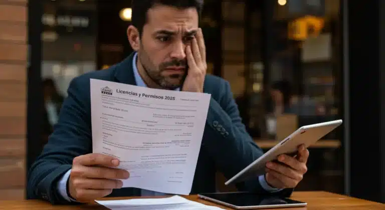 Empresario español revisando documentos de licencias y permisos para su negocio local en 2025.