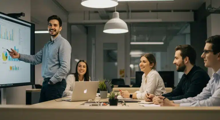Equipo diverso de Pymes colaborando en un entorno de trabajo moderno y positivo.