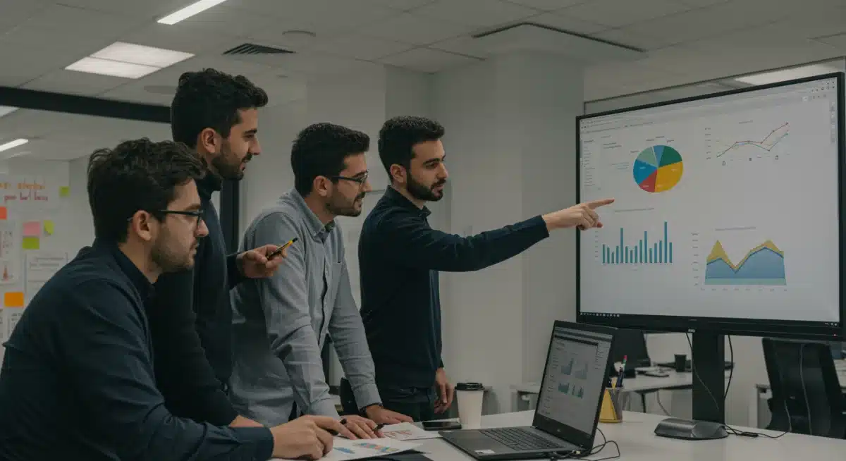 Equipo de marketing analizando datos del consumidor en una oficina moderna en España, discutiendo estrategias de optimización.