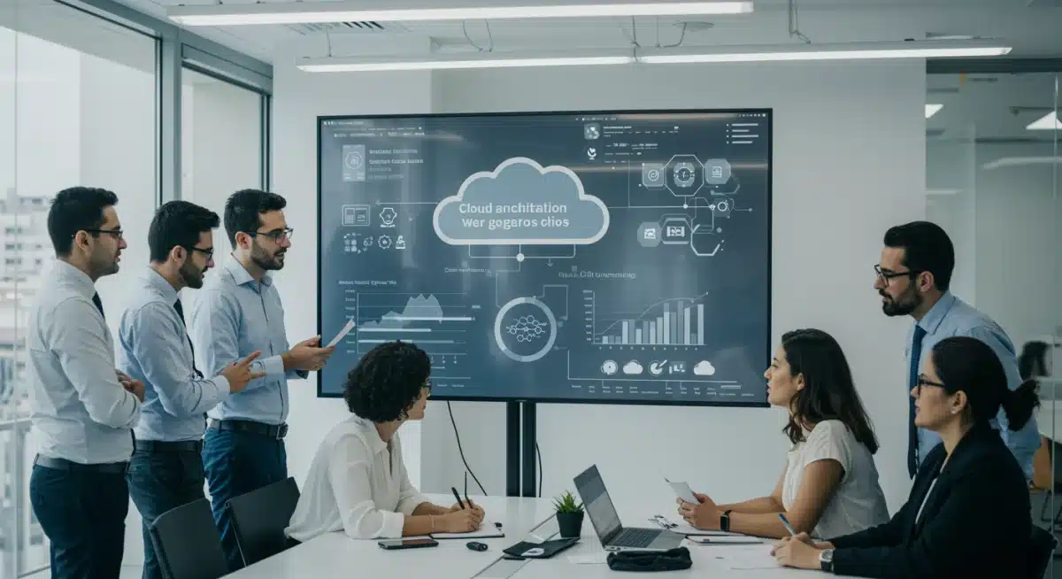 Profesionales españoles colaborando en una oficina moderna discutiendo diagramas de arquitectura cloud y métricas de ahorro de costes.