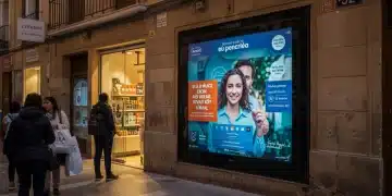 Digitalización de Escaparates: +25% Ventas en España 2025 Escaparate digital interactivo en una calle comercial española, atrayendo a clientes con ofertas innovadoras.