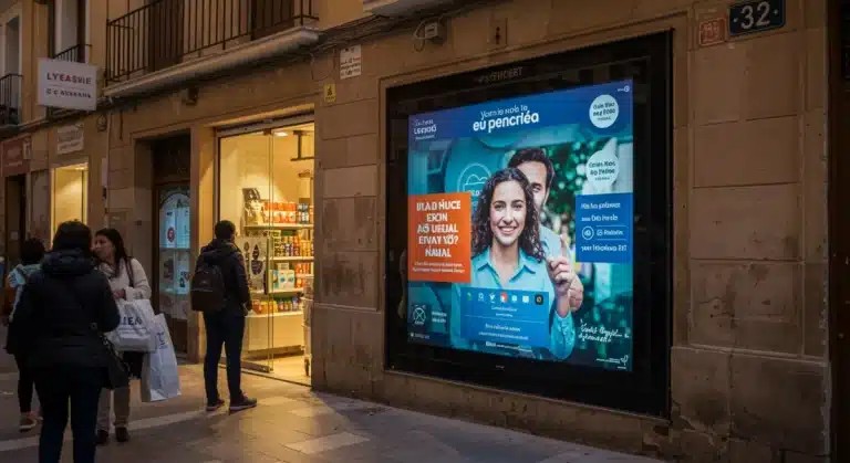 Escaparate digital interactivo en una calle comercial española, atrayendo a clientes con ofertas innovadoras.