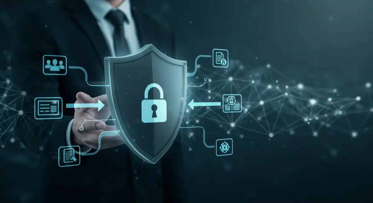 Escudo digital protegiendo datos sensibles como registros de clientes y transacciones financieras en una red segura.