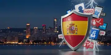 Escudo digital con bandera española protegiendo iconos de redes sociales de una tormenta de comentarios negativos en un paisaje urbano español.