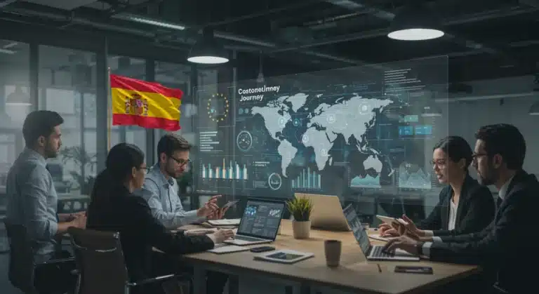 Profesionales de marketing y tecnología colaborando en una estrategia omnicanal en una oficina moderna en España