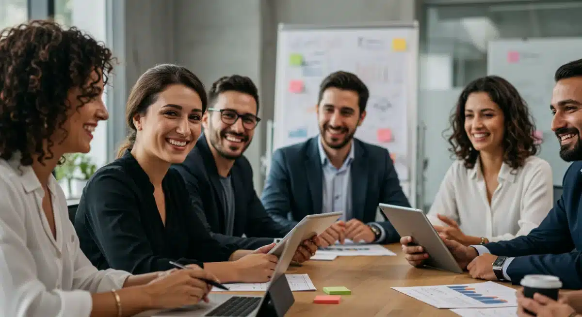 Empresarios locales españoles colaborando y planificando estrategias para el crecimiento de sus negocios.