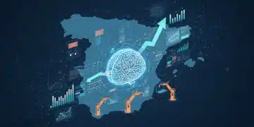 Ilustración de estrategias digitales con IA y automatización para el crecimiento de PYMES en España, mostrando gráficos ascendentes y tecnología.
