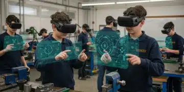 Estudiantes españoles de formación profesional utilizando gafas de realidad aumentada para aprender en un entorno de taller innovador.