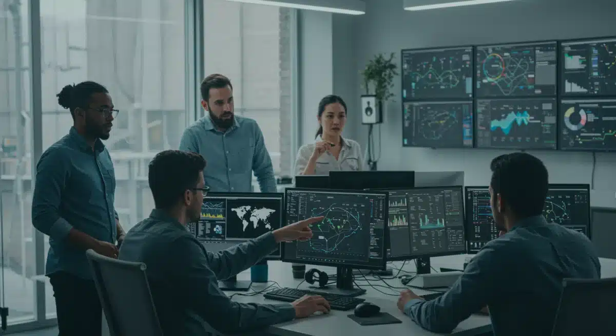 Equipo de expertos en ciberseguridad analizando amenazas en una oficina moderna