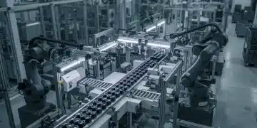 Fábrica industrial española con robots usando visión por computadora para inspección de calidad.