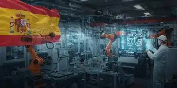 Fábrica inteligente española con robótica avanzada, automatización y tecnología 5G, simbolizando la Industria 4.0.