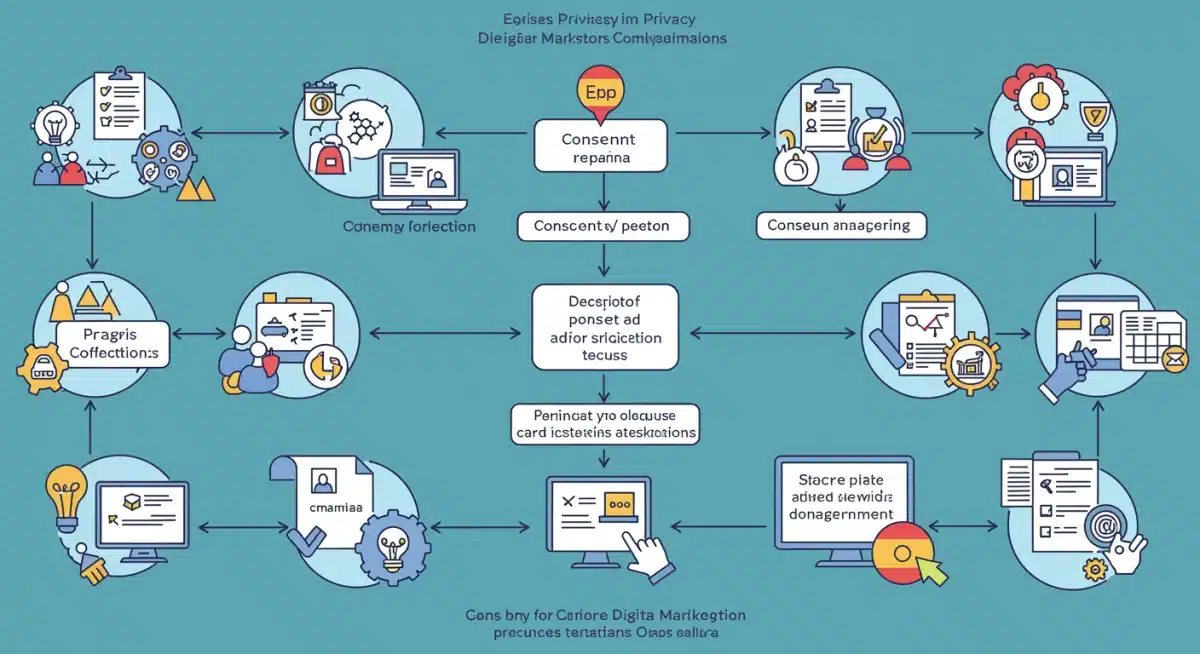 Diagrama de flujo que ilustra el proceso de cumplimiento de la privacidad de datos para profesionales del marketing digital en España.