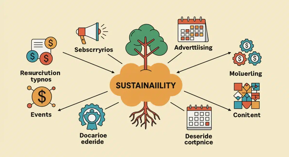 Infografía de múltiples fuentes de ingresos para la sostenibilidad de medios digitales.
