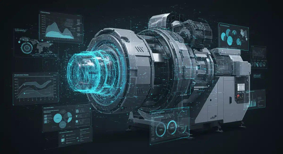 Representación visual de un gemelo digital de maquinaria industrial con datos en tiempo real.