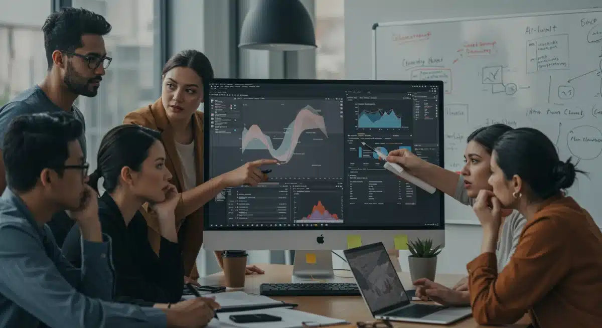 Equipo de profesionales analizando una crisis de marca digital en una oficina moderna, con gráficos y noticias en pantalla.