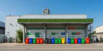 Instalación industrial moderna con contenedores de colores para la gestión de residuos