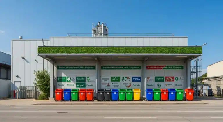 Instalación industrial moderna con contenedores de colores para la gestión de residuos