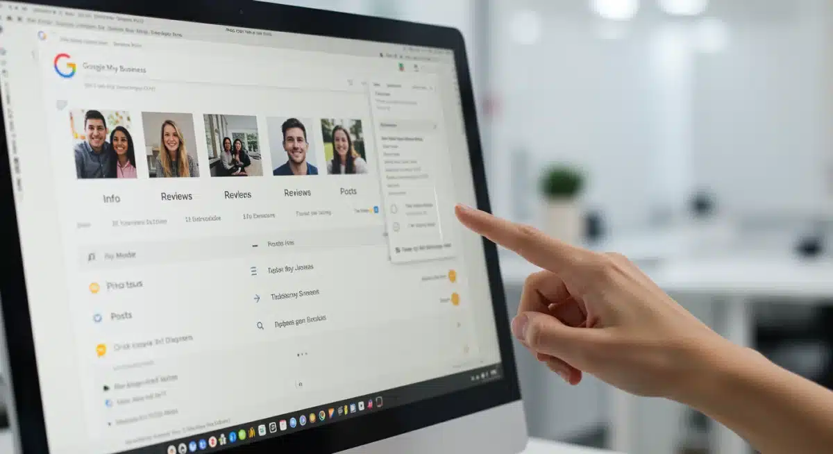 Pantalla de ordenador mostrando la interfaz de Google My Business con un enfoque en la sección de reseñas y gestión del perfil.