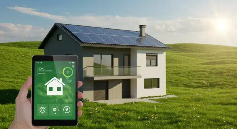 Hogar español moderno con paneles solares y sistema de gestión energética inteligente, símbolo de eficiencia renovable.