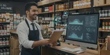 IA en Inventarios: Reducción del 15% en Costes para Negocios Locales Mujer empresaria sonriente optimizando inventario con inteligencia artificial en su negocio local español, con pantallas de análisis de datos y estanterías organizadas.