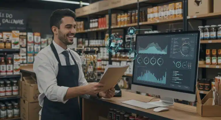 Mujer empresaria sonriente optimizando inventario con inteligencia artificial en su negocio local español, con pantallas de análisis de datos y estanterías organizadas.