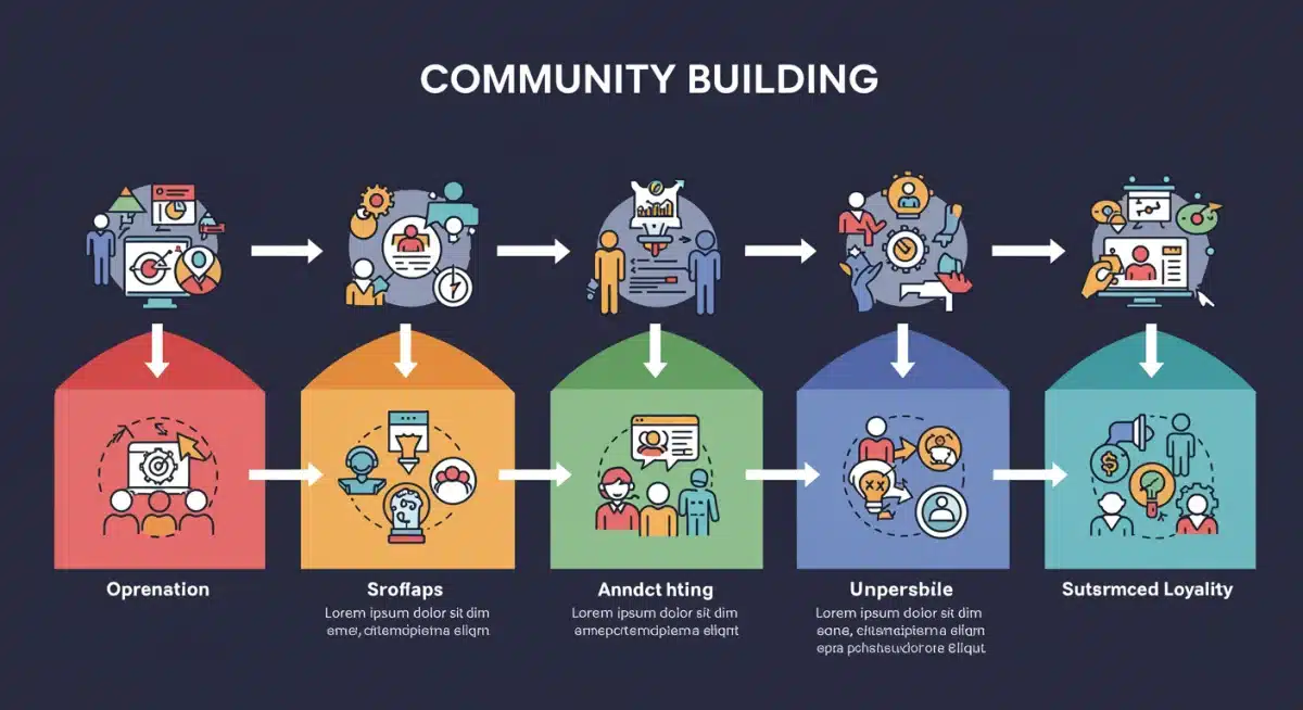 Infografía detallada sobre las etapas de construcción y crecimiento de una comunidad digital.