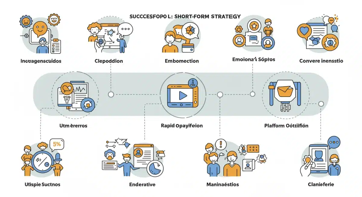 Infografía detallando los elementos clave para una estrategia exitosa de video corto en España, incluyendo CTA, emoción y optimización de plataforma.