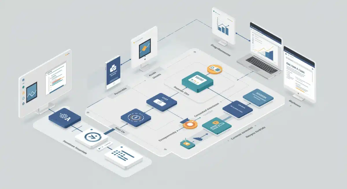 Infografía explicando el flujo de trabajo de una plataforma low-code/no-code con módulos de arrastrar y soltar.
