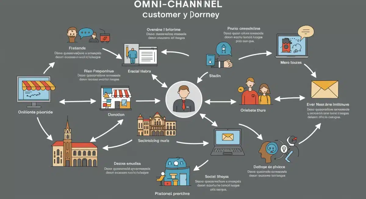 Infografía de un viaje del cliente omnicanal con diversos puntos de contacto integrados en España