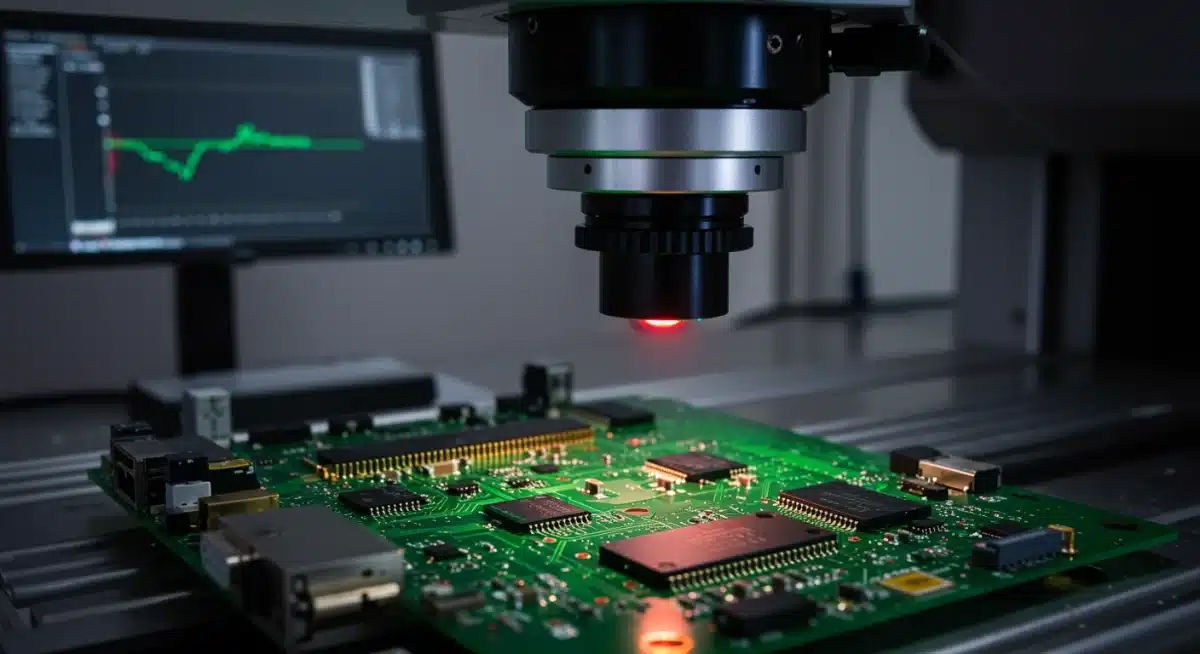 Inspección automatizada de placa de circuito con visión artificial detectando defectos.