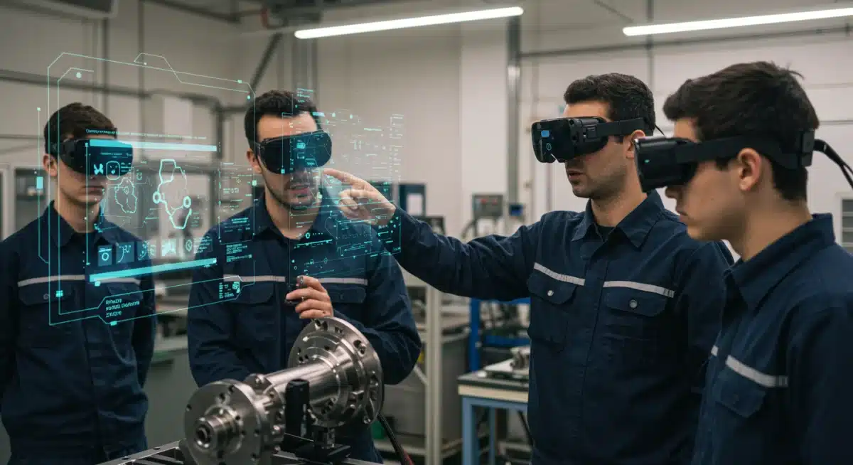 Instructor guía a alumnos de FP con realidad aumentada en un proceso industrial, mostrando datos holográficos en tiempo real.