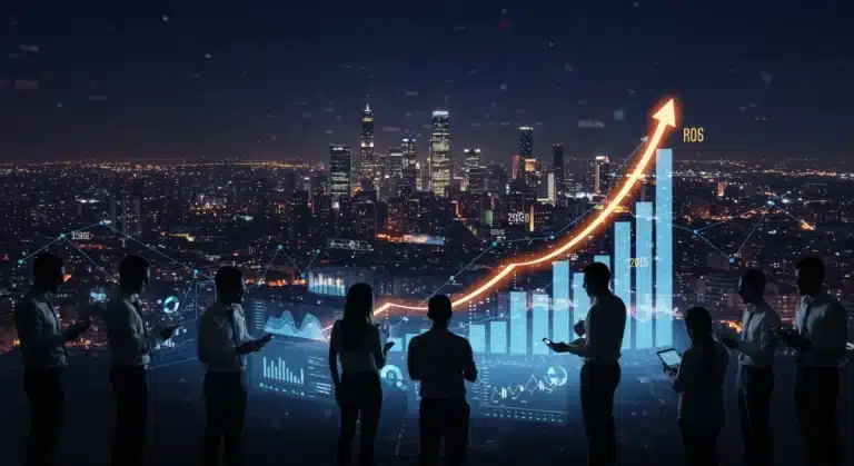 Gráfico ascendente de inversión en publicidad digital en España para 2025 con un retorno de inversión superior al 30%.