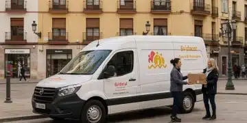 Furgoneta de reparto moderna entregando un paquete a un cliente satisfecho en una calle concurrida de España, simbolizando la eficiencia en la logística de última milla.