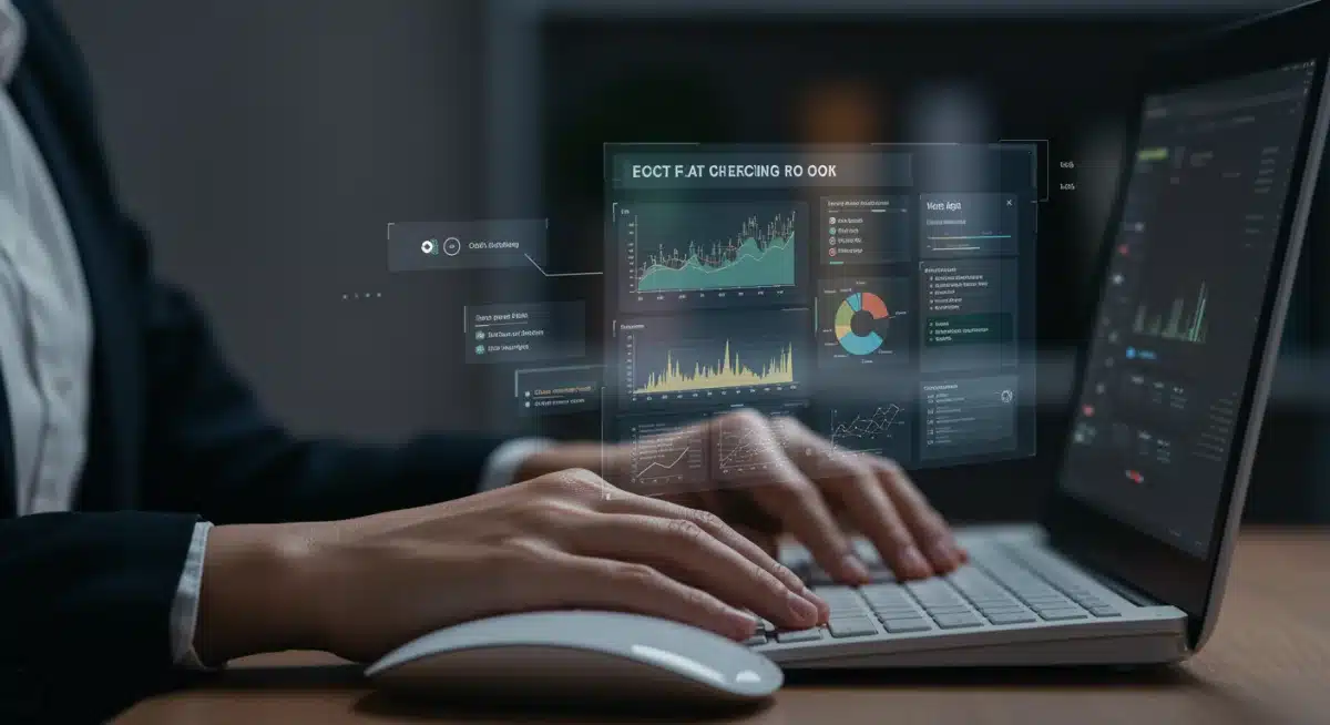 Manos de periodista utilizando una herramienta de verificación de hechos en una pantalla, analizando información y fuentes.