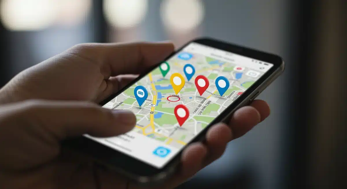 Pantalla de smartphone mostrando un mapa con pines de negocios locales y la ubicación del usuario, ilustrando el marketing geolocalizado.