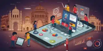 Marketing de influencers en España en 2025, con creadores de contenido diversos y herramientas de análisis de datos para medir el impacto.