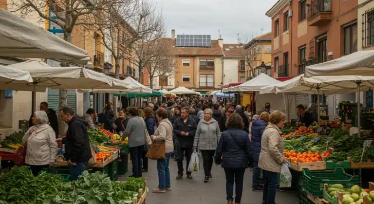 Mercado local español con productos sostenibles y clientes utilizando bolsas reutilizables, simbolizando el compromiso con la sostenibilidad.