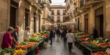 Mercado local vibrante en España con consumidores interactuando con productos frescos y artesanales, simbolizando las tendencias de consumo de 2025.