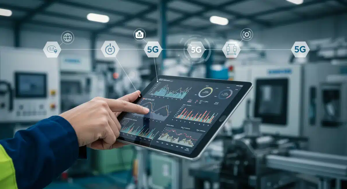 Técnico español monitorizando datos de producción en tiempo real mediante una tablet conectada a la red 5G en una fábrica inteligente.