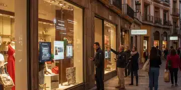 Realidad Aumentada y Virtual en el Comercio Español: Estrategias de Ventas Mujer interactuando con probador virtual en tienda de ropa con realidad aumentada en Madrid.