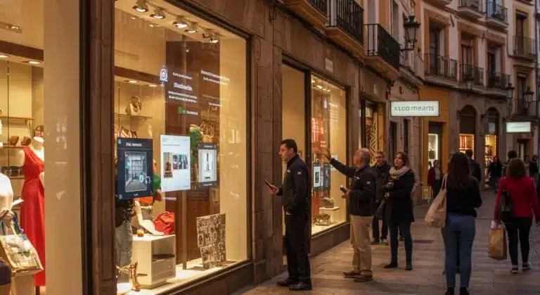 Mujer interactuando con probador virtual en tienda de ropa con realidad aumentada en Madrid.
