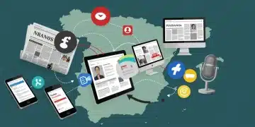 Collage dinámico de medios digitales y tradicionales interconectados, representando la evolución de las narrativas transmedia en el periodismo español.