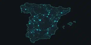 Representación futurista de una interfaz cerebro-ordenador sobre un mapa de España, simbolizando la innovación neurotecnológica del país.